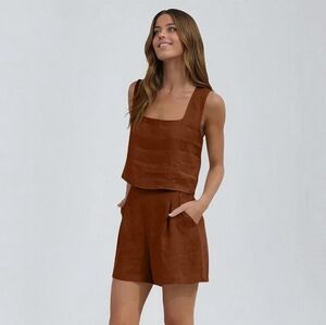 Linen Two Piece Matching Set Boho Classic Summer Fall Camel Brown SIZE LARGE